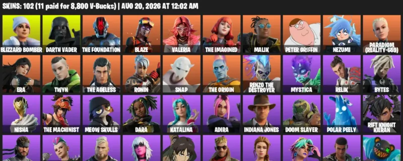 Fortnite account inventory for LVL 1659 - Blizzard Bomber - Darth Vader - 102 Outfits