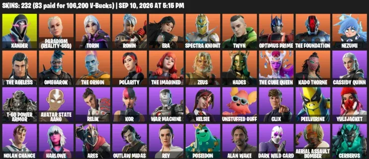 Fortnite account inventory for LVL 3663 - Xander - Paradigm (Reality-659) - 232 Outfits
