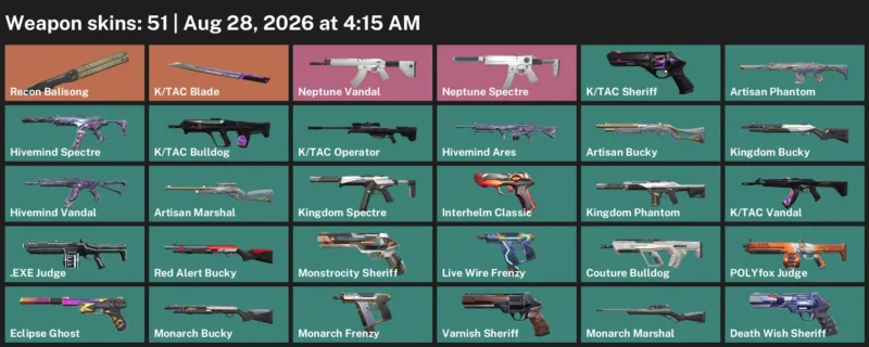 Valorant account inventory for LVL 192 · Tac Blade & Artisan Phantom