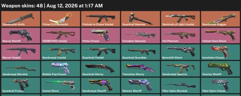 Valorant account inventory for LVL 318 · Xenohunter Knife & 2.0 Karambit & Sandswept Dagger