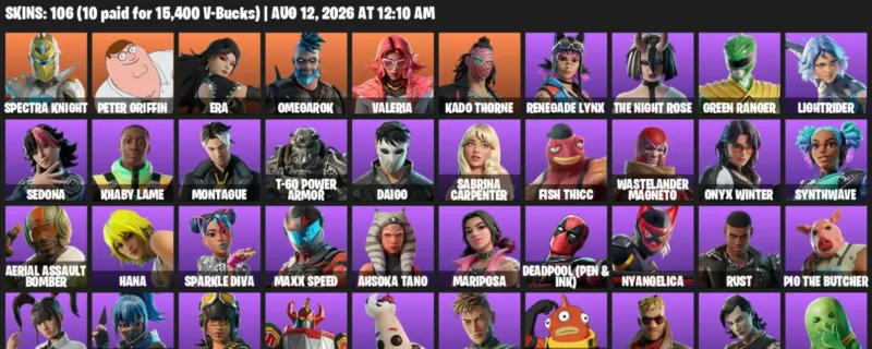 Fortnite account inventory for LVL 1694 - Spectra Knight - Peter Griffin - 106 Outfits