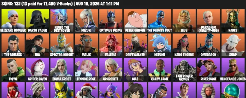 Fortnite account inventory for LVL 2129 - Blizzard Bomber - Darth Vader - 132 Outfits