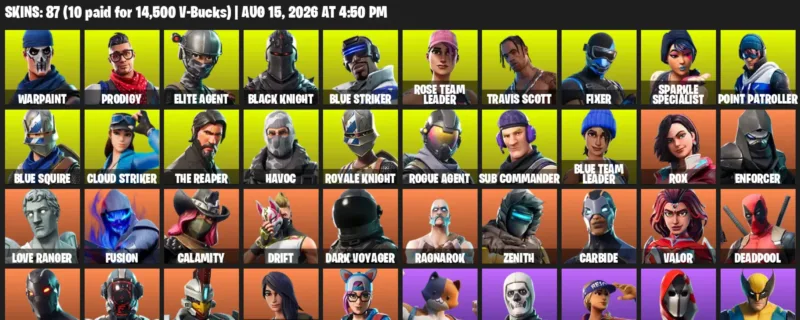 Fortnite account inventory for LVL 1114 - Warpaint - Prodigy - 87 Outfits