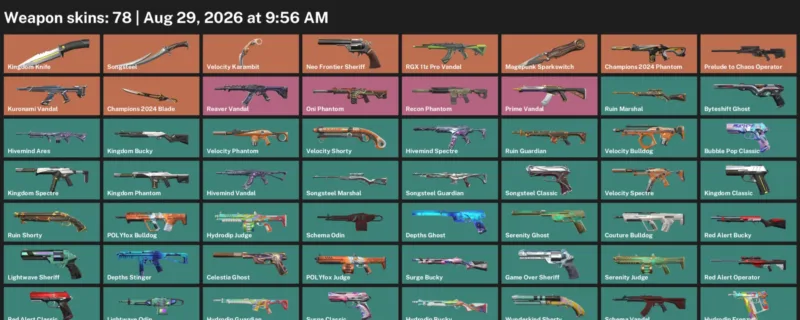 Valorant account inventory for LVL 179 · Champions 2024 Blade & Kingdom Knife