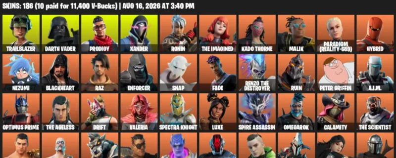 Fortnite account inventory for LVL 3998 - Trailblazer - Darth Vader - 186 Outfits