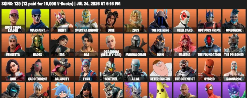 Fortnite Accounts listing: LVL 2432 - Rose Team Leader - Warpaint - 139 Outfits - 139 outfits