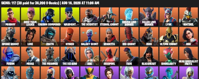Fortnite account inventory for LVL 1733 - Prodigy - Rose Team Leader - 117 Outfits