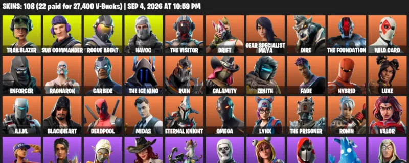 Fortnite account inventory for LVL 1639 - Trailblazer - Sub Commander - 108 Outfits