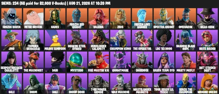 Fortnite account inventory for LVL 2031 - Frozen Raven - Peter Griffin - 234 Outfits