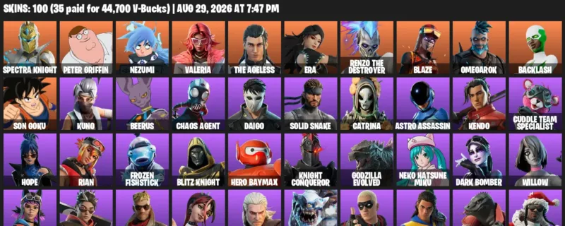 Fortnite account inventory for LVL 1197 - Spectra Knight - Peter Griffin - 100 Outfits