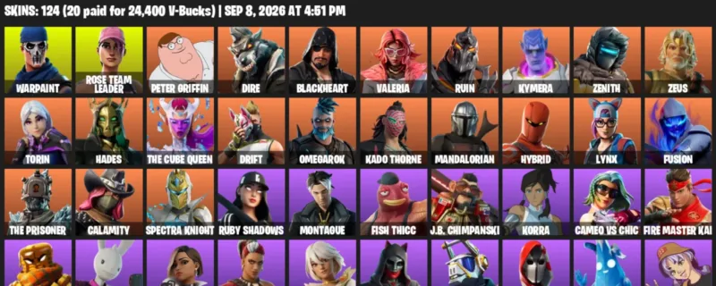 Fortnite account inventory for LVL 1922 - Warpaint - Rose Team Leader - 124 Outfits