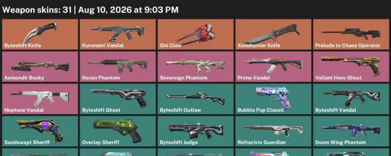 Valorant account inventory for LVL 157 · Xenohunter Knife & 31 Skins Byteshift Knife