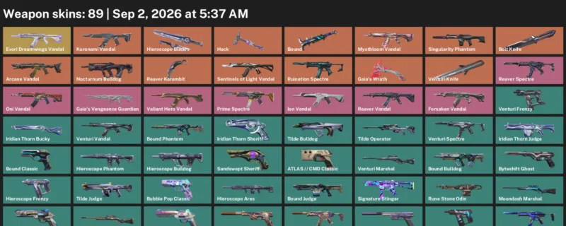 Valorant account inventory for LVL 253 · Bolt Knife & Reaver Karambit & Arcane Vandal