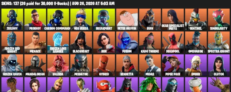 Fortnite account inventory for LVL 2375 - Trilogy - Prodigy - 137 Outfits