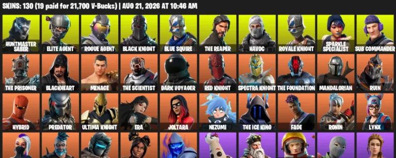 Fortnite account inventory for LVL 1792 - Huntmaster Saber - Elite Agent - 130 Outfits