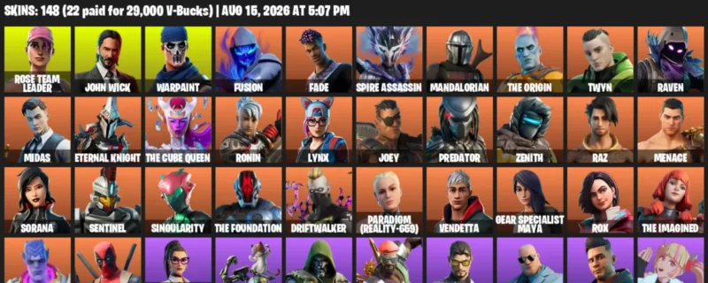 Fortnite account inventory for LVL 1983 - Rose Team Leader - John Wick - 148 Outfits