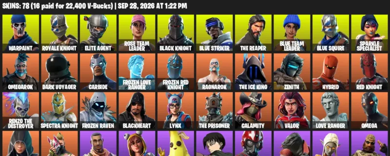 Fortnite account inventory for Warpaint - Royale Knight - 78 Outfits