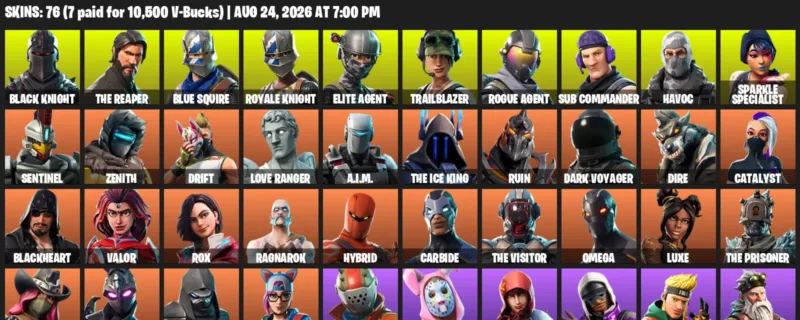 Fortnite account inventory for LVL 1183 - Black Knight - The Reaper - 76 Outfits