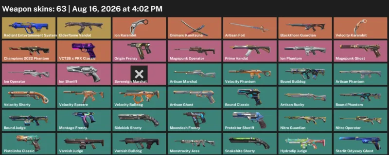 Valorant account inventory for LVL 219 · 63 Skins Ion Karambit & Ion Karambit & Velocity Karambit