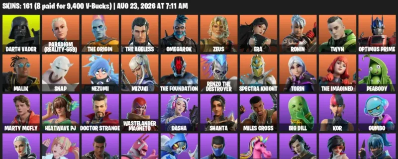 Fortnite account inventory for LVL 2576 - Darth Vader - Paradigm (Reality-659) - 161 Outfits
