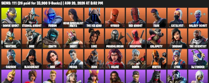 Fortnite account inventory for LVL 1331 - Rogue Agent - Eternal Knight - 111 Outfits