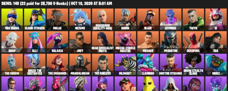 Fortnite account inventory for Neo Versa - Cloud Striker - 120 Outfits
