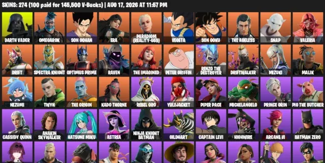 Fortnite account inventory for LVL 1688 - Darth Vader - Omegarok - 274 Outfits