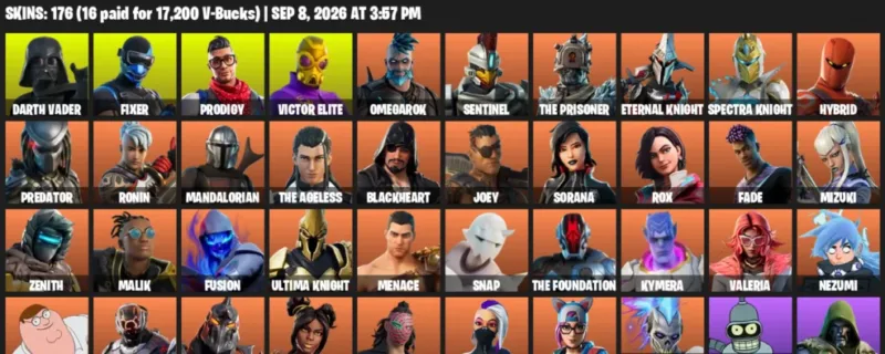 Fortnite account inventory for LVL 3865 - Darth Vader - Fixer - 176 Outfits