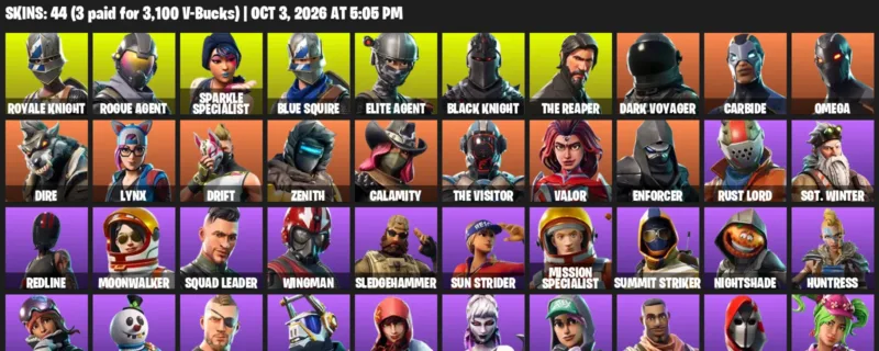 Fortnite account inventory for Royale Knight - Rogue Agent - 44 Outfits