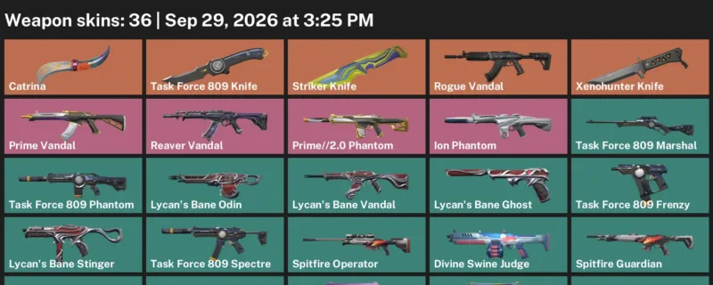 Valorant account inventory for LVL 143 · Xenohunter Knife & Task Force 809 Knife