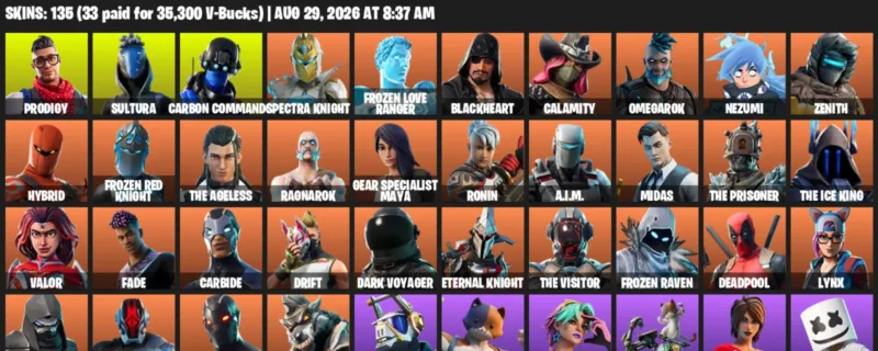 Fortnite account inventory for LVL 1971 - Prodigy - Sultura - 135 Outfits
