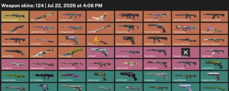 Valorant Accounts listing: LVL 351 · K/TAC Blade & Nocturnum Scythe · 124 Skins - Platinum 3, 124 skins