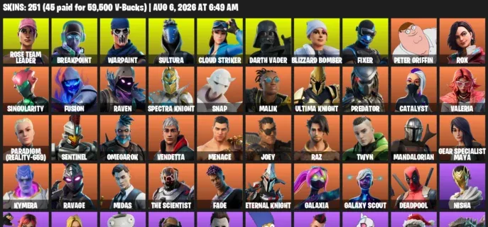 Fortnite account inventory for LVL 3558 - Rose Team Leader - Breakpoint - 251 Outfits