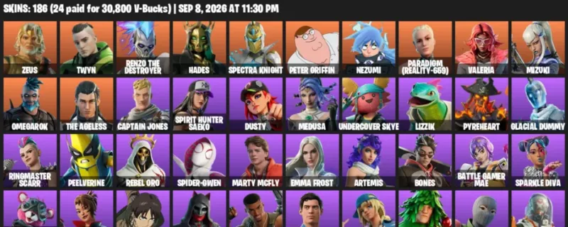 Fortnite account inventory for LVL 2352 - Zeus - Twyn - 186 Outfits