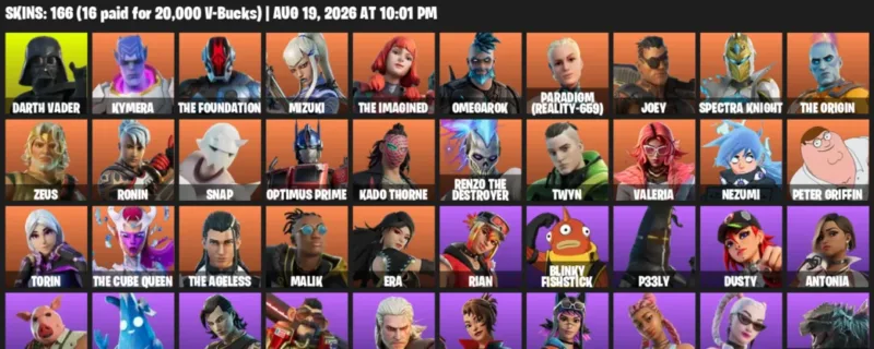 Fortnite account inventory for LVL 2559 - Darth Vader - Kymera - 166 Outfits