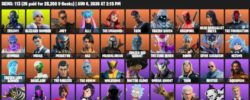 Fortnite account inventory for LVL 1194 - Trilogy - Blizzard Bomber - 113 Outfits