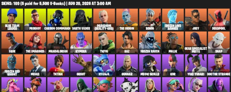 Fortnite account inventory for LVL 1533 - Blue Team Leader - Prodigy - 109 Outfits