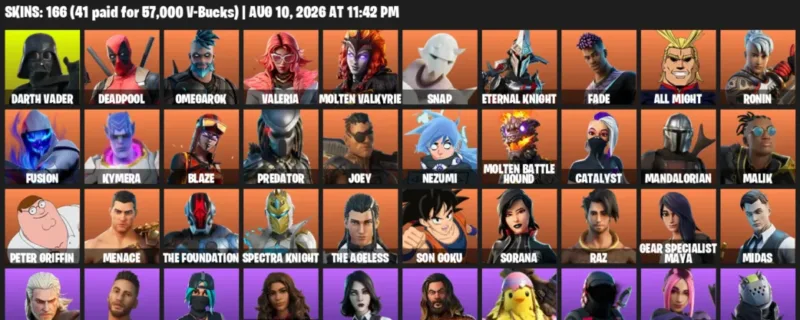 Fortnite account inventory for LVL 1908 - Darth Vader - Deadpool - 166 Outfits