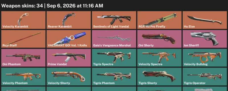 Valorant account inventory for LVL 140 · 34 Skins Reaver Karambit & Velocity Karambit