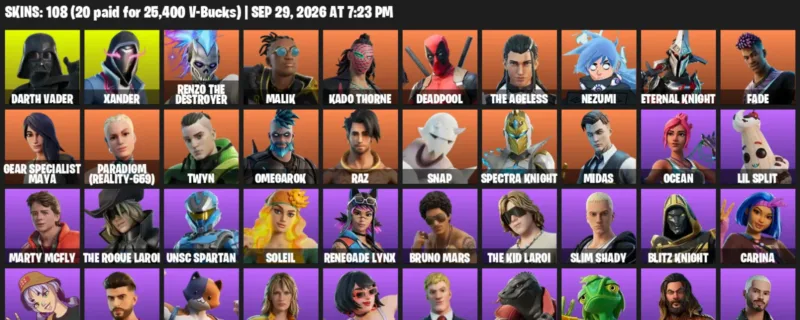 Fortnite account inventory for Darth Vader - Xander - 108 Outfits