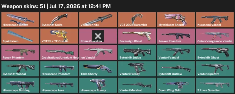Valorant Accounts listing: LVL 113 · Byteshift Knife & VCT 2025 Karambit · 51 Skins - Silver 1, 51 skins