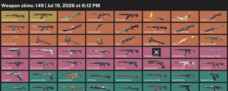 Valorant Accounts listing: LVL 293 · .SYS Melee & Ignite Fan · 149 Skins - Platinum 3, 149 skins