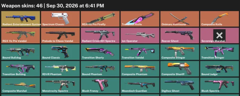 Valorant account inventory for LVL 72 · Transition Knife & 46 Skins Composite Knife