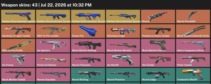 Valorant Accounts listing: LVL 105 · Black.Market Butterfly Knife & Reaver Karambit · 43 Skins - Silver 2, 43 skins