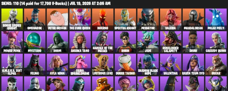 Fortnite Accounts listing: LVL 966 - Rogue Spider Knight - Omegarok - 110 Outfits - 110 outfits