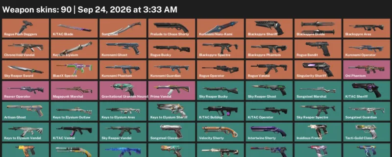 Valorant account inventory for LVL 198 · Tac Blade & Blackspyre Phantom