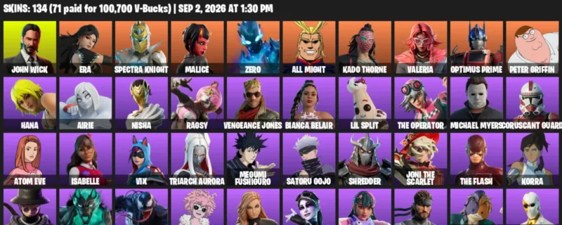 Fortnite account inventory for LVL 727 - John Wick - Era - 134 Outfits