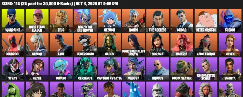Fortnite account inventory for Warpaint - Rose Team Leader - 114 Outfits