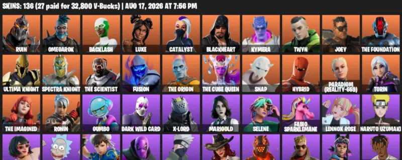 Fortnite account inventory for LVL 2158 - Ruin - Omegarok - 136 Outfits