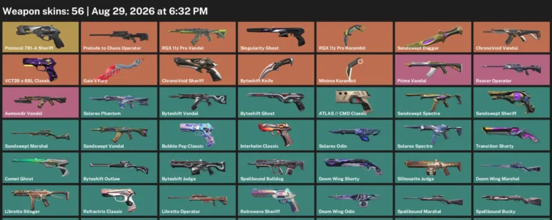 Valorant account inventory for LVL 183 · RGX 11z Pro Karambit & Byteshift Knife & Minima Karambit
